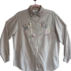 Casey & Max Embroidered Floral Bottle Appliqué Striped Cotton Shirt M Cottage